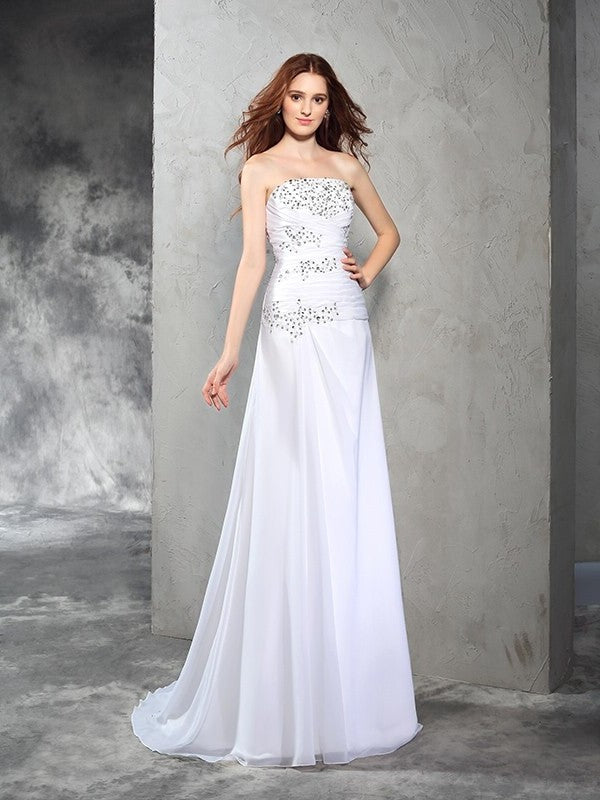 Sheath/Column Strapless Long Beading Sleeveless Chiffon Wedding Dresses