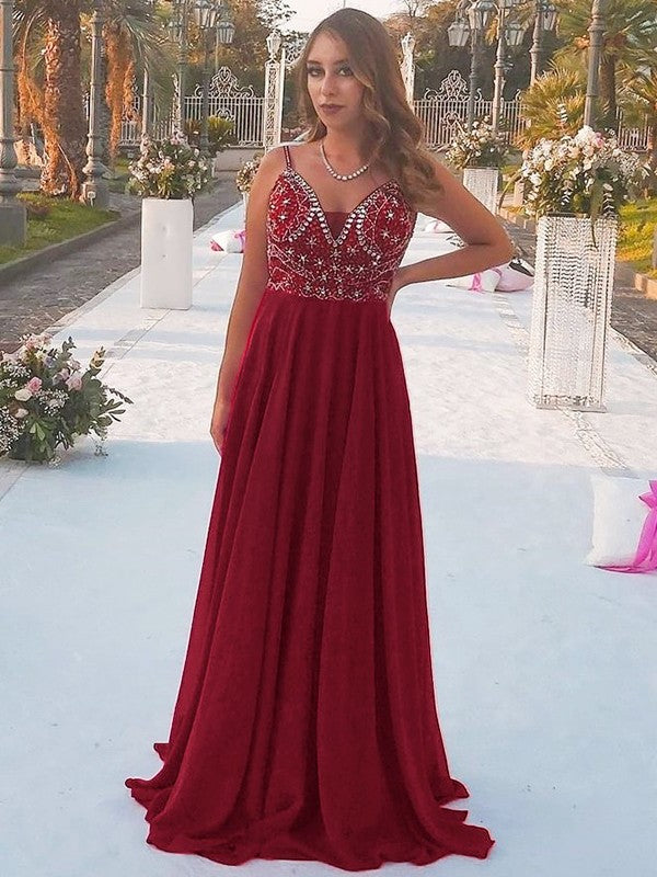 Beading Chiffon Spaghetti Straps A-Line/Princess Sleeveless Floor-Length Dresses