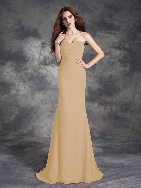 Sweetheart Sleeveless Long Ruched Trumpet/Mermaid Chiffon Bridesmaid Dresses