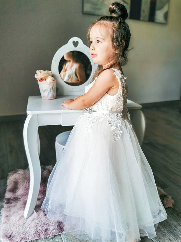 Sleeveless V-neck A-Line/Princess Tulle Ankle-Length Lace Flower Girl Dresses