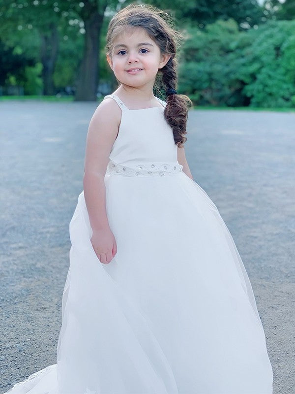 A-Line/Princess Spaghetti Tulle Sleeveless Straps Sweep/Brush Train Beading Flower Girl Dresses