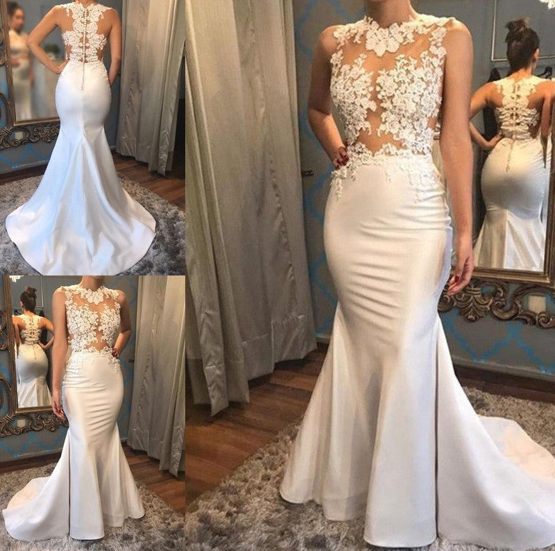 Court Scoop Trumpet/Mermaid Sleeveless Train Applique Satin Wedding Dresses