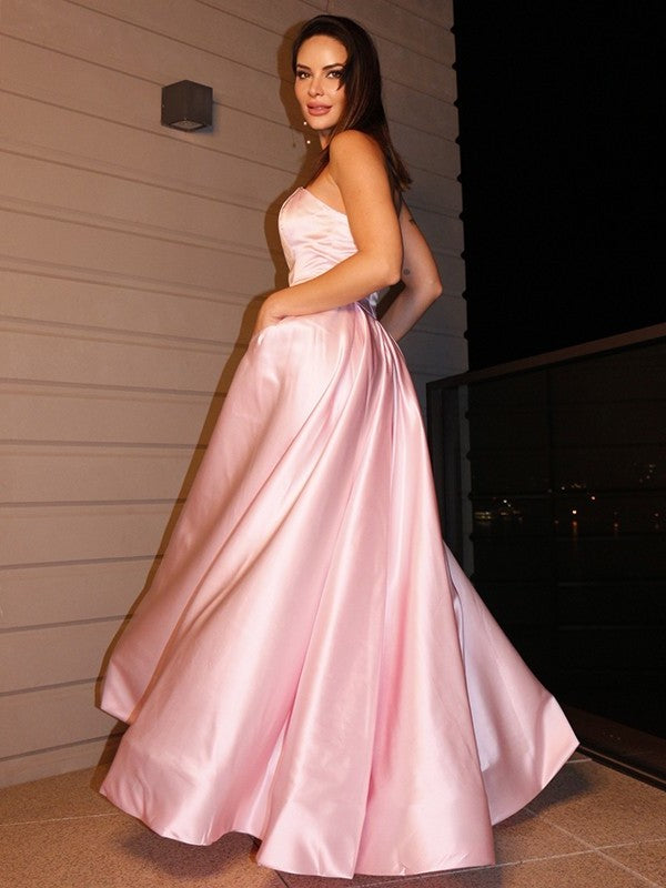 A-Line/Princess Satin Sleeveless Ruffles Strapless Floor-Length Dresses