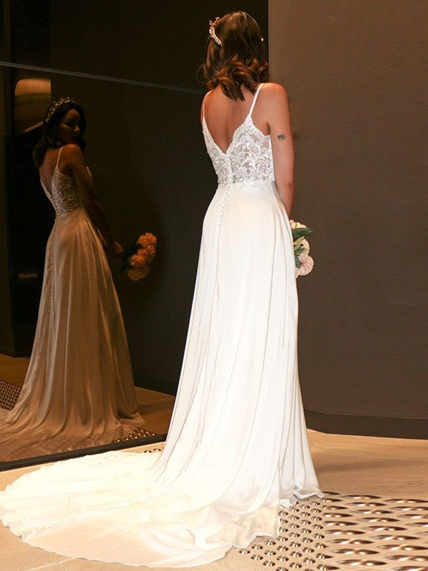 Sleeveless Sweep/Brush Ruffles Straps Spaghetti A-Line/Princess Charmeuse Train Wedding Dresses