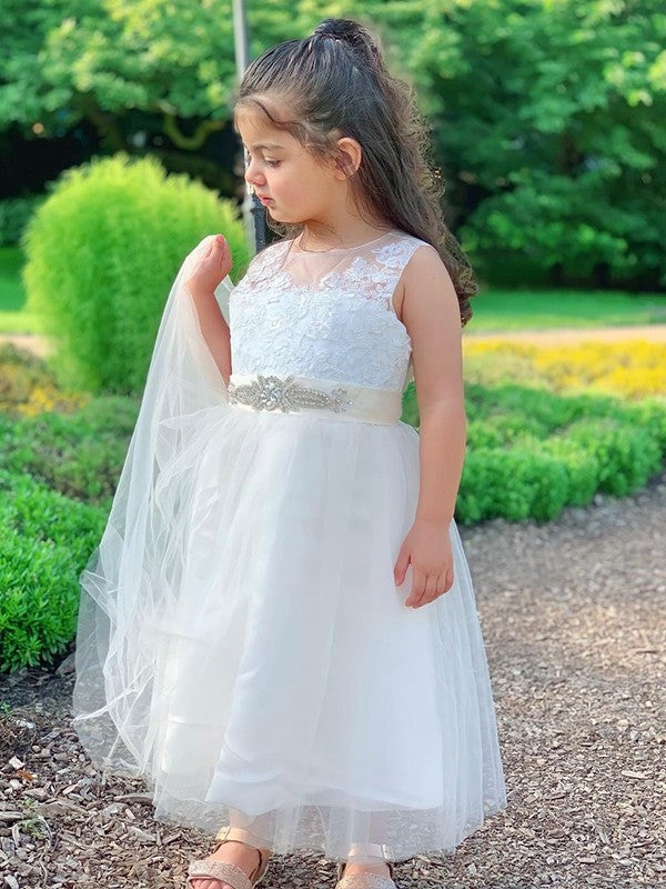 Scoop Tulle Tea-Length Sleeveless A-Line/Princess Lace Flower Girl Dresses