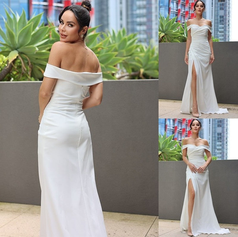 Satin Sweep/Brush Off-the-Shoulder Sheath/Column Sleeveless Ruched Train Wedding Dresses