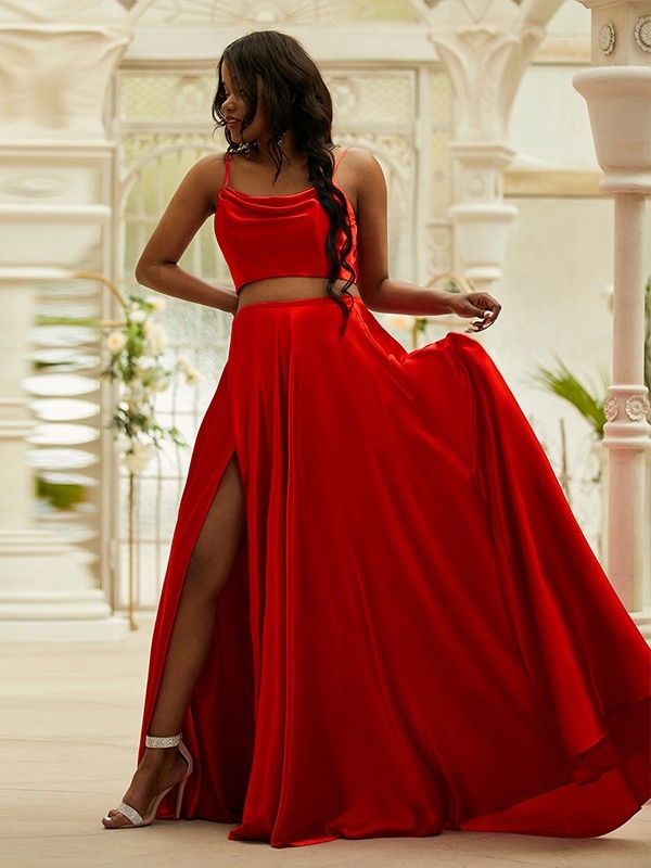 A-Line/Princess Train Ruffles Sleeveless Spaghetti Silk Sweep/Brush Satin Straps like Two Piece Dresses