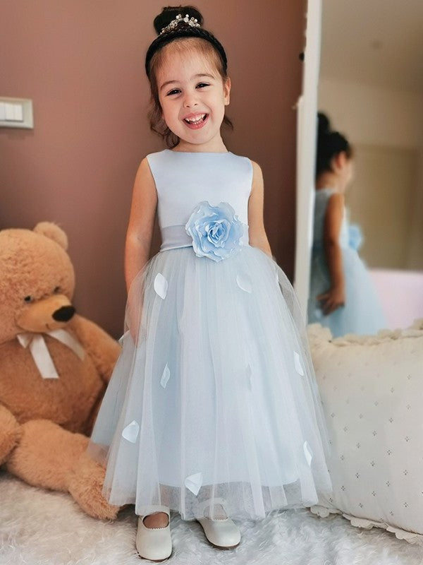 Flower Sleeveless Ankle-Length Tulle Hand-Made Scoop A-Line/Princess Flower Girl Dresses