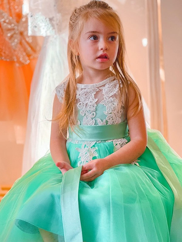 Sleeveless Knee-Length Applique A-Line/Princess Scoop Tulle Flower Girl Dresses