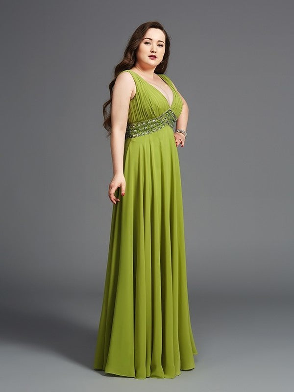 Chiffon Long Sleeveless Rhinestone Straps A-Line/Princess Plus Size Dresses