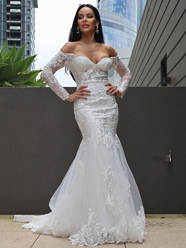 Trumpet/Mermaid Sweep/Brush Applique Tulle Long Off-the-Shoulder Sleeves Train Wedding Dresses