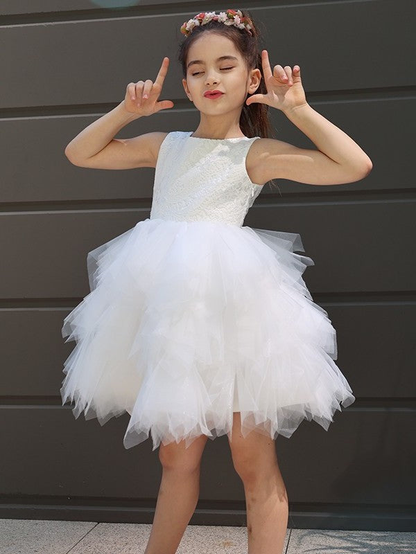 Lace A-Line/Princess Scoop Sleeveless Short/Mini Tulle Flower Girl Dresses