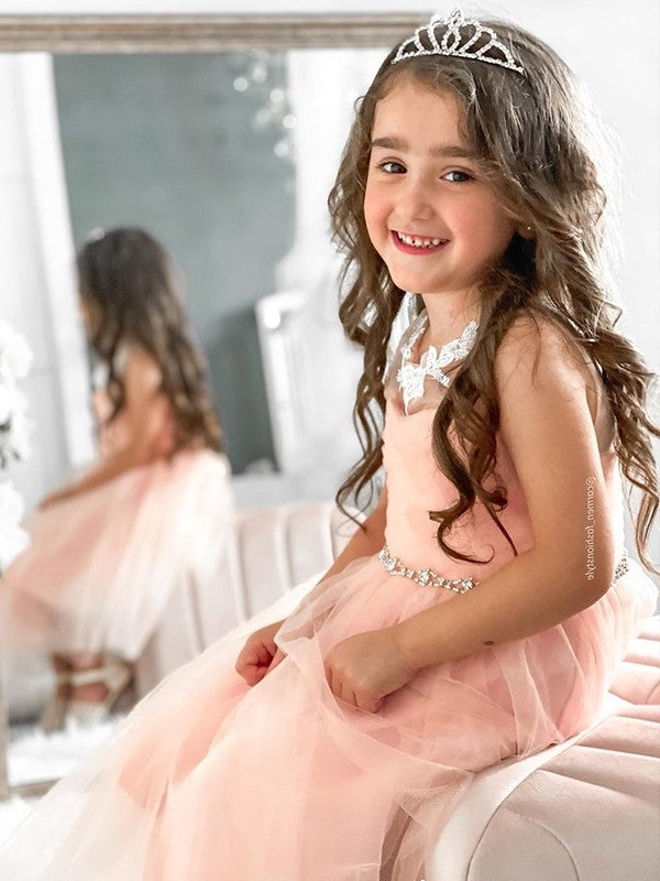 Tulle A-Line/Princess Scoop Tea-Length Sleeveless Beading Flower Girl Dresses