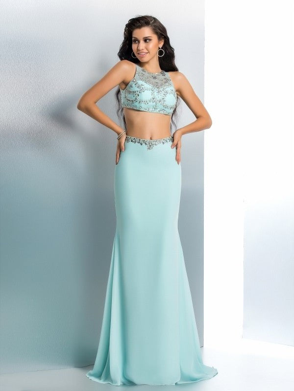 Beading Sleeveless Chiffon Trumpet/Mermaid Long Scoop Two Piece Dresses