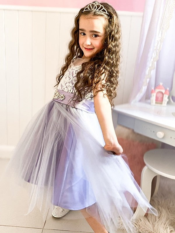 A-Line/Princess Scoop Knee-Length Lace Tulle Sleeveless Flower Girl Dresses