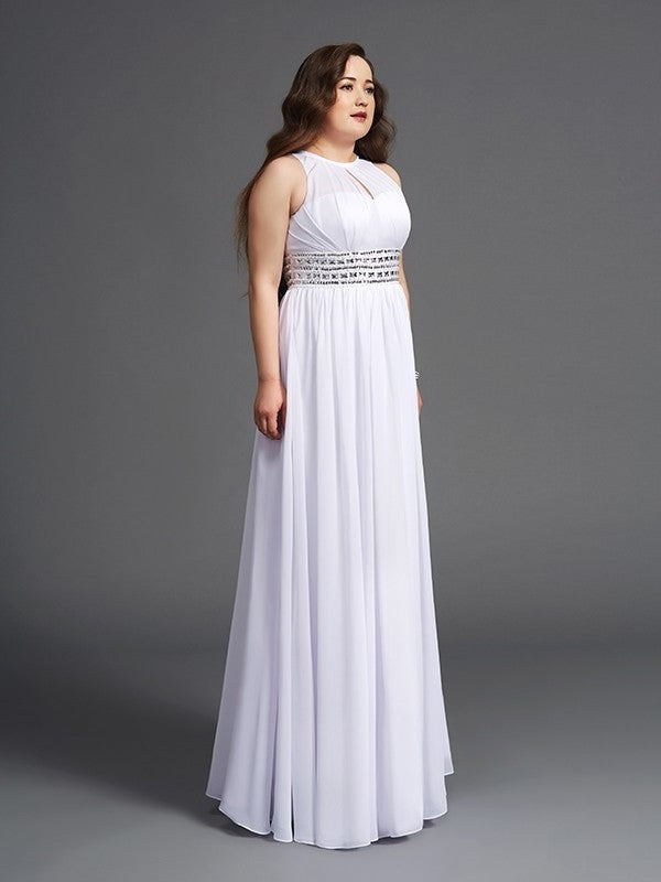 A-Line/Princess Jewel Sleeveless Long Chiffon Beading Plus Size Dresses