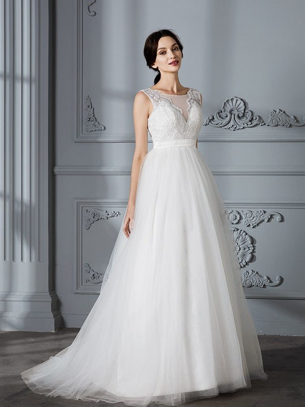 A-Line/Princess Train V-neck Sleeveless Sweep/Brush Tulle Wedding Dresses