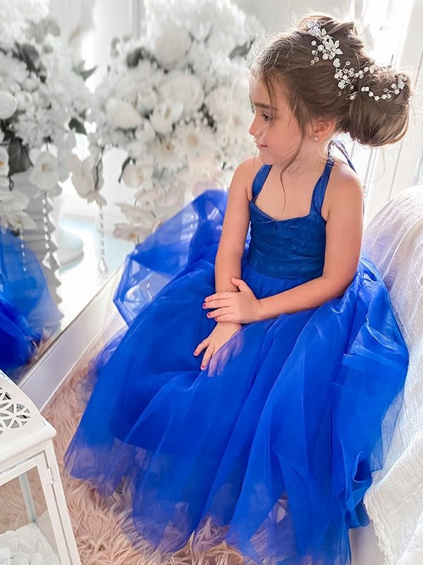 Sleeveless Tulle Halter Tea-Length A-Line/Princess Ruffles Flower Girl Dresses