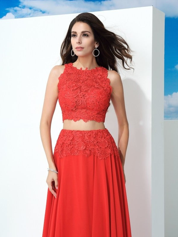 Scoop Sleeveless Chiffon Long A-Line/Princess Lace Two Piece Dresses