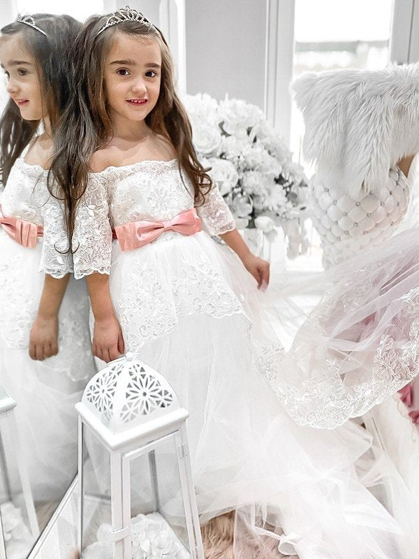 Sash/Ribbon/Belt Tulle Sweep/Brush Off-the-Shoulder 1/2 Train Sleeves A-Line/Princess Flower Girl Dresses