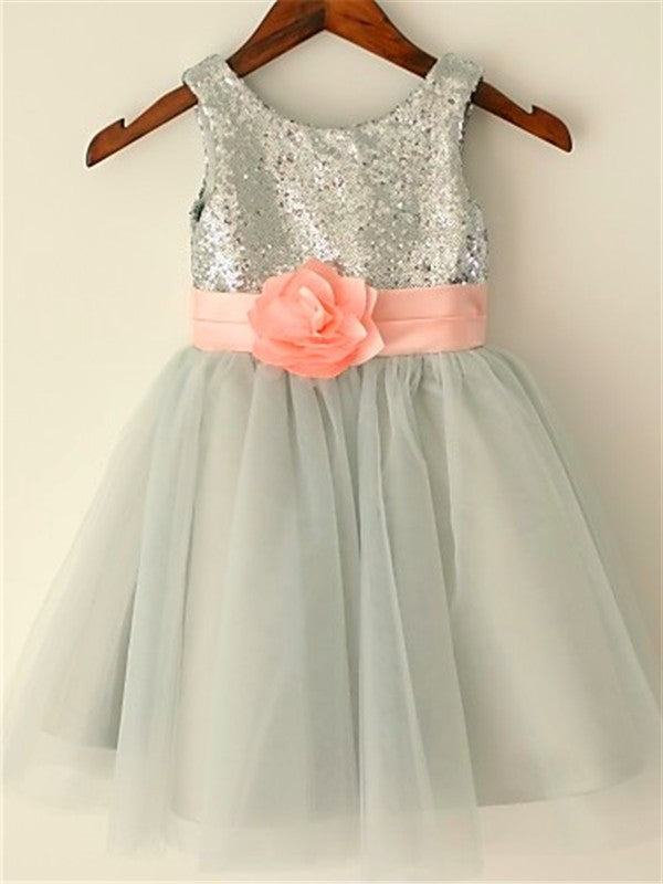 Scoop Sleeveless Tea-Length A-line/Princess Tulle Sequin Flower Girl Dresses