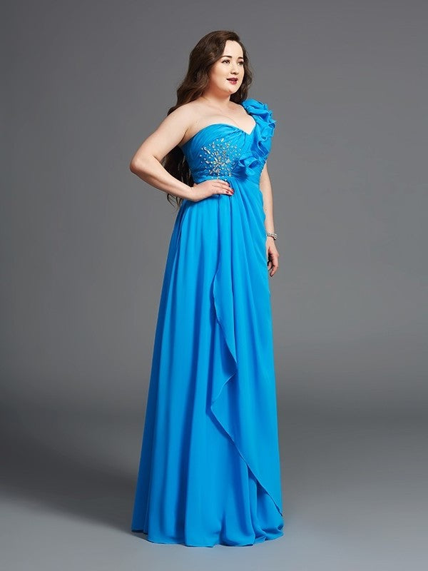 Sleeveless Chiffon Long Rhinestone A-Line/Princess One-Shoulder Plus Size Dresses