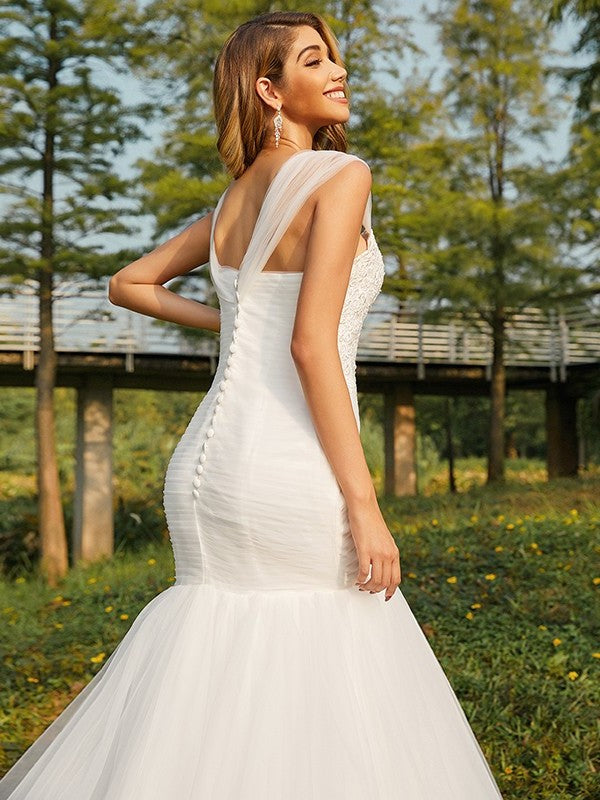 Sweetheart Applique Trumpet/Mermaid Tulle Sleeveless Sweep/Brush Train Wedding Dresses