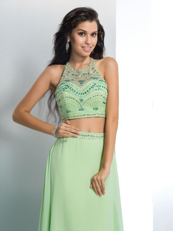 Chiffon Long Halter Beading Sleeveless A-Line/Princess Two Piece Dresses