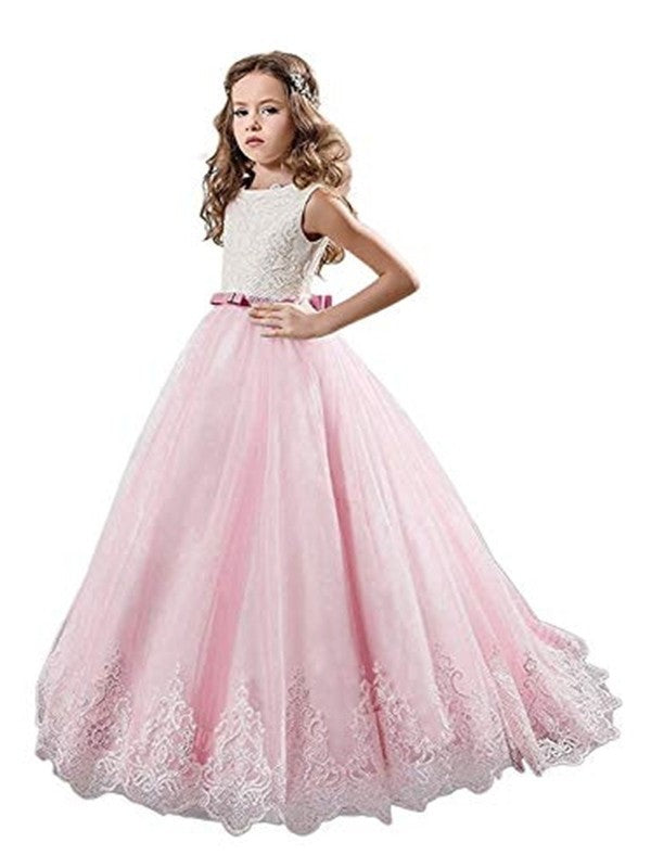 Gown Train Ball Jewel Sweep/Brush Tulle Lace Sleeveless Flower Girl Dresses