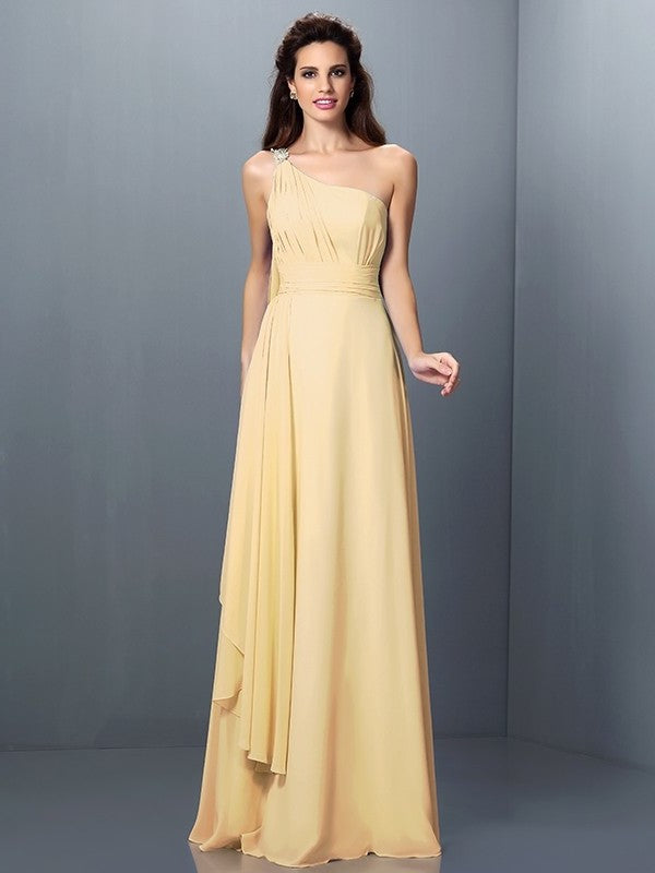 Pleats Sleeveless A-Line/Princess Long One-Shoulder Chiffon Bridesmaid Dresses