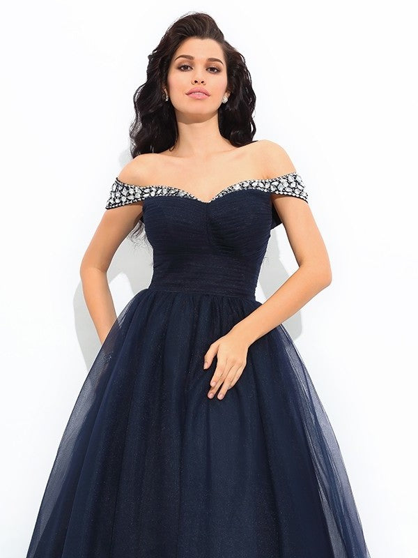 Beading Gown Off-the-Shoulder Sleeveless Long Ball Net Quinceanera Dresses