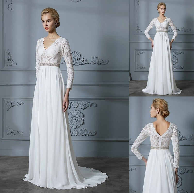 Train Sweep/Brush Sleeves Lace 3/4 V-neck A-Line/Princess Chiffon Wedding Dresses