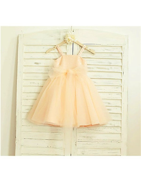 Spaghetti Sleeveless Tulle Sequin Straps A-line/Princess Tea-Length Flower Girl Dresses