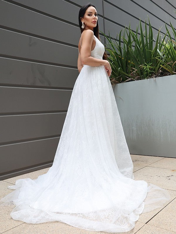 Ruched Sleeveless Sweep/Brush A-Line/Princess V-neck Lace Train Wedding Dresses