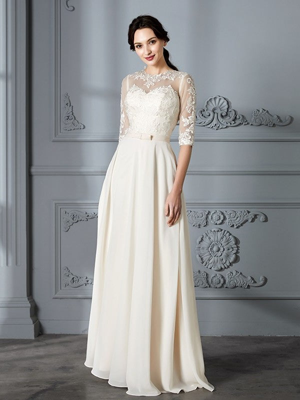 Sleeves A-Line/Princess Scoop Floor-Length 1/2 Chiffon Wedding Dresses