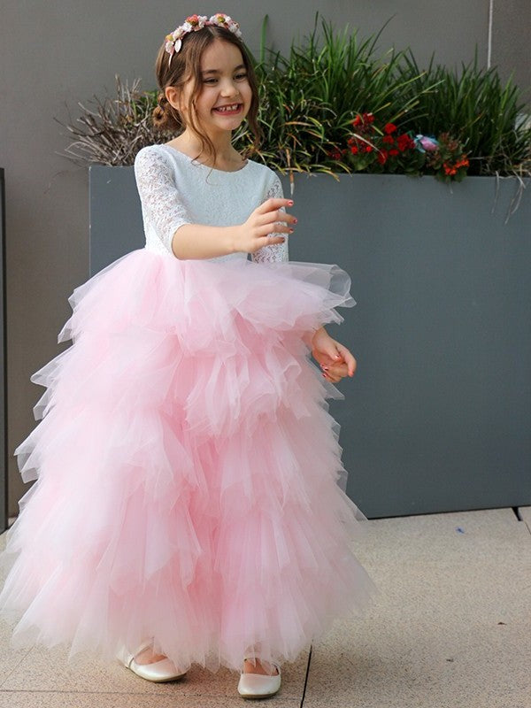 3/4 Sleeves A-Line/Princess Tulle Lace Ankle-Length Scoop Flower Girl Dresses