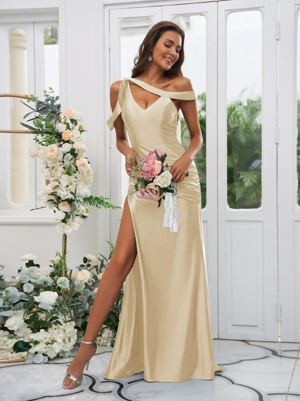 Sweep/Brush Sheath/Column Off-the-Shoulder Ruched Sleeveless Charmeuse Train Bridesmaid Dresses