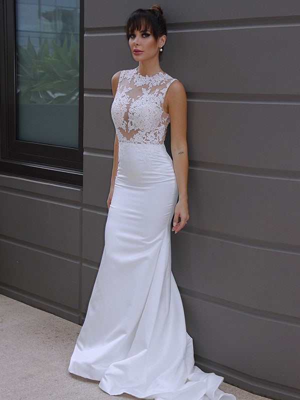 Scoop Trumpet/Mermaid Satin Court Applique Sleeveless Train Wedding Dresses