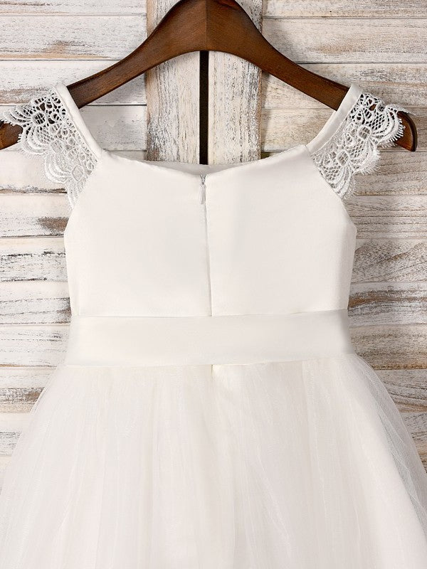 Sleeveless A-Line/Princess Tulle Sash/Ribbon/Belt Tea-Length Scoop Flower Girl Dresses