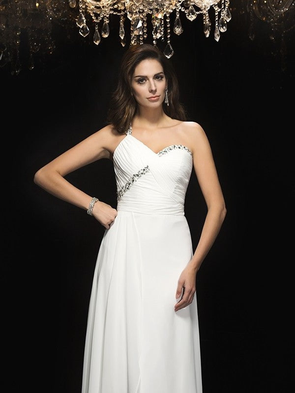 One-Shoulder Sleeveless Beading A-Line/Princess Long Chiffon Dresses