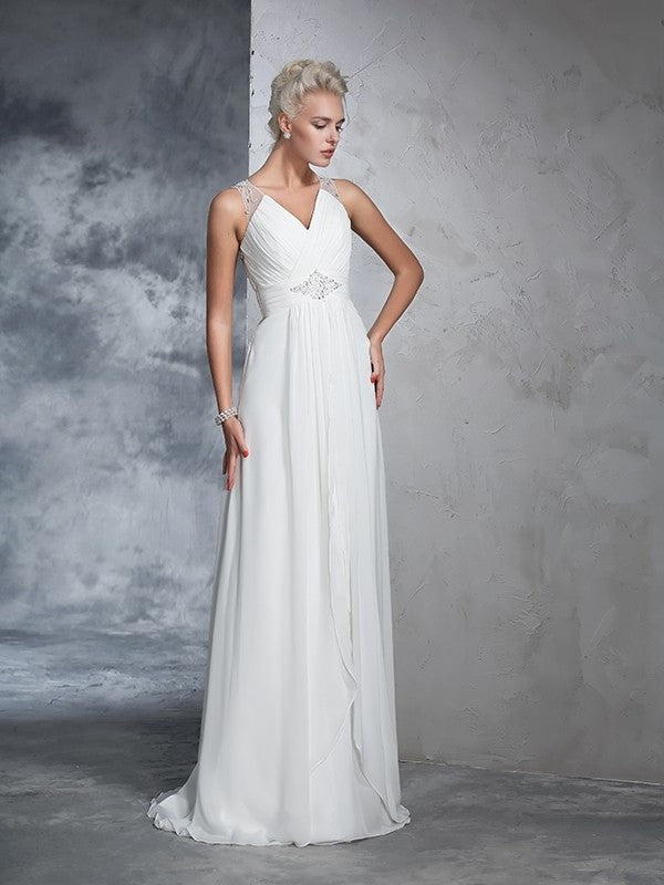 Sleeveless Ruched Long V-neck A-Line/Princess Chiffon Wedding Dresses