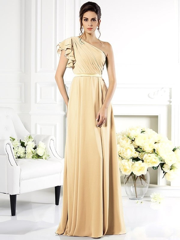 One-Shoulder Ruffles A-Line/Princess Long Sleeveless Chiffon Bridesmaid Dresses