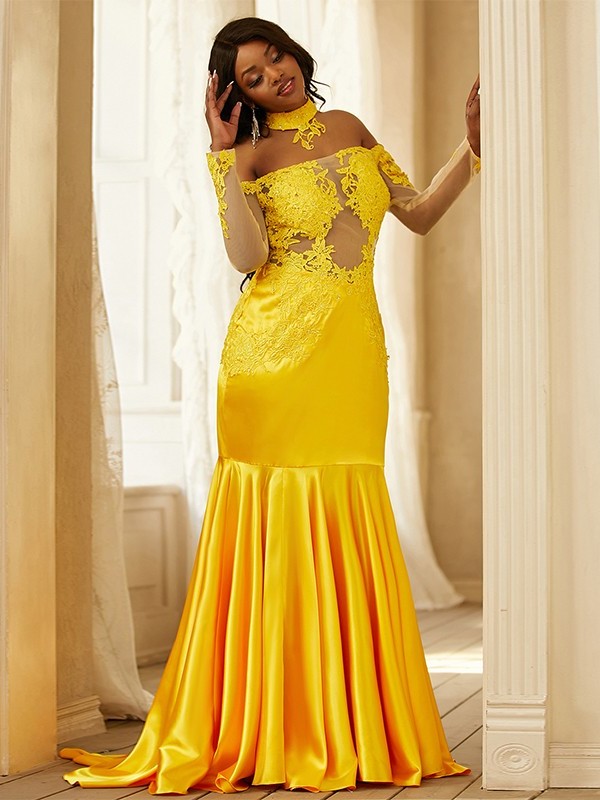 Applique Satin Long Trumpet/Mermaid Elastic Sleeves Woven Off-the-Shoulder Sweep/Brush Train Dresses