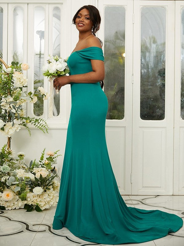 Sleeveless Ruffles Sheath/Column Jersey Sweep/Brush Off-the-Shoulder Train Bridesmaid Dresses