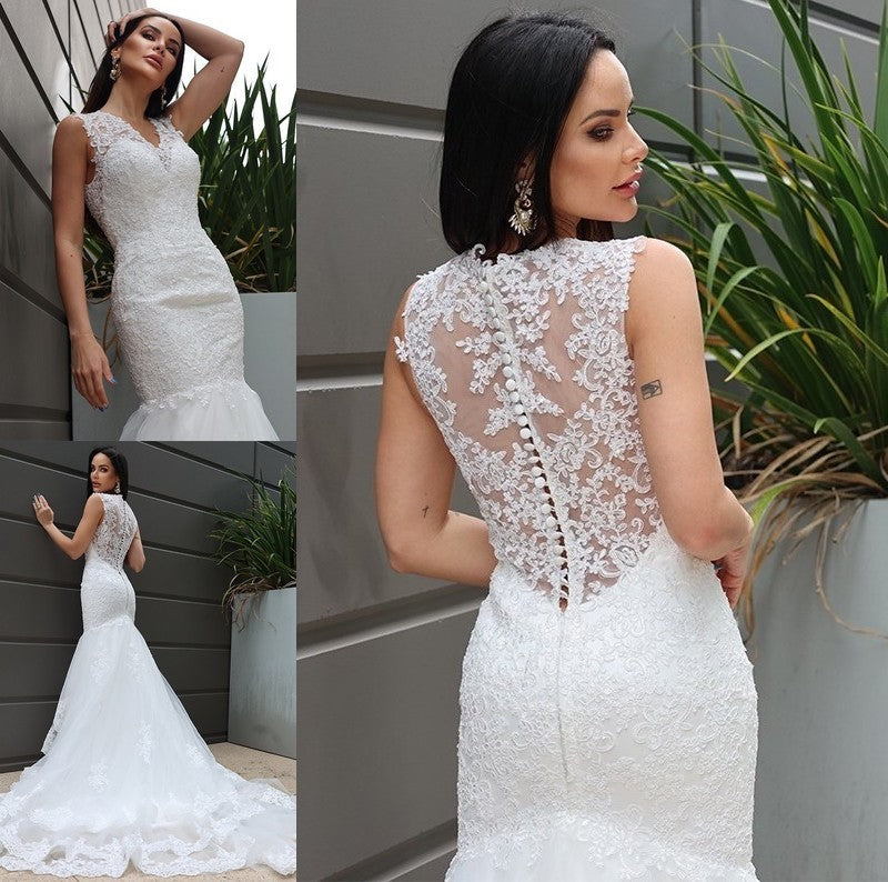 Lace Sweep/Brush Tulle Sleeveless Trumpet/Mermaid V-neck Train Wedding Dresses