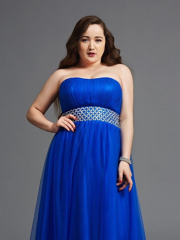 A-Line/Princess Rhinestone Sleeveless Long Net Strapless Plus Size Dresses