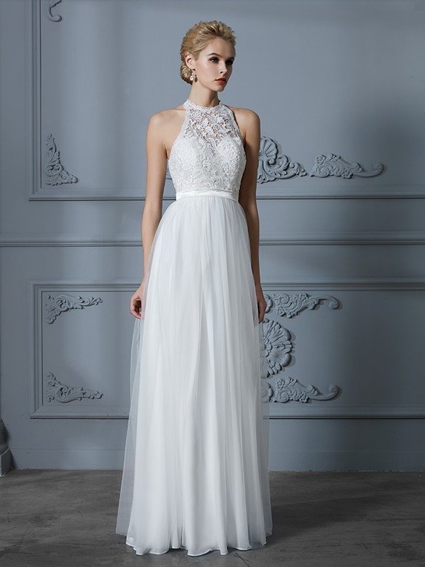 Sleeveless Scoop A-Line/Princess Tulle Floor-Length Wedding Dresses