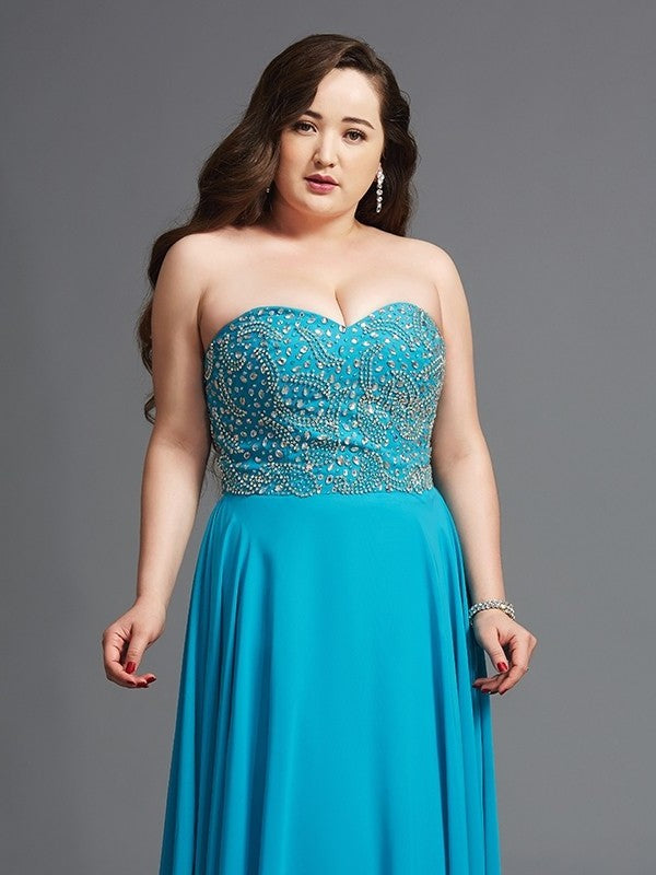 Sleeveless Beading Long Sweetheart A-Line/Princess Chiffon Plus Size Dresses