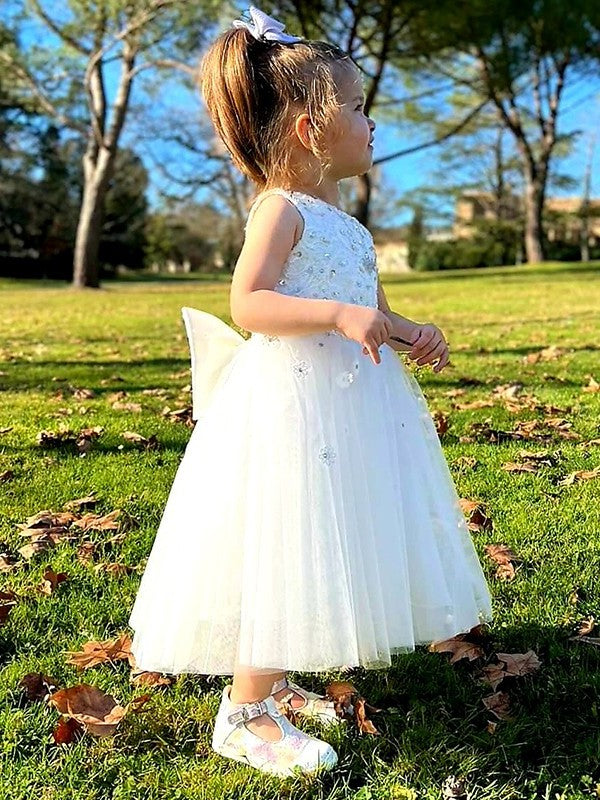 Sleeveless Bowknot Tulle Ankle-Length A-Line/Princess Scoop Flower Girl Dresses