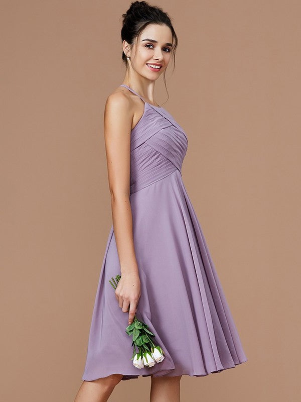 Short/Mini Sleeveless Halter Ruched A-Line/Princess Chiffon Bridesmaid Dresses